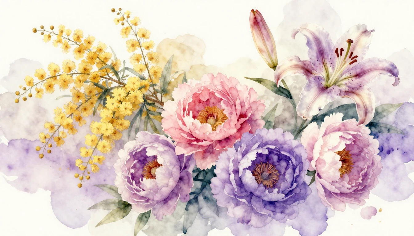 A beautiful watercolor painting of various blooming flowers ...
