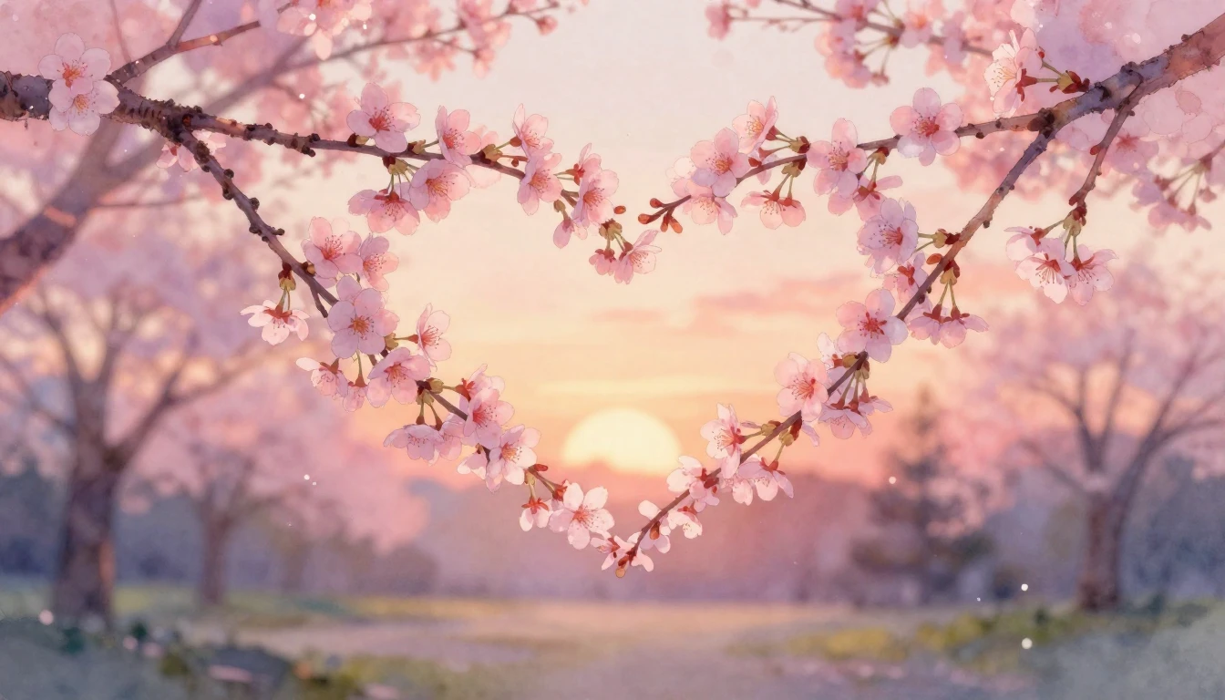 A delicate watercolor painting of two intertwined cherry blo...