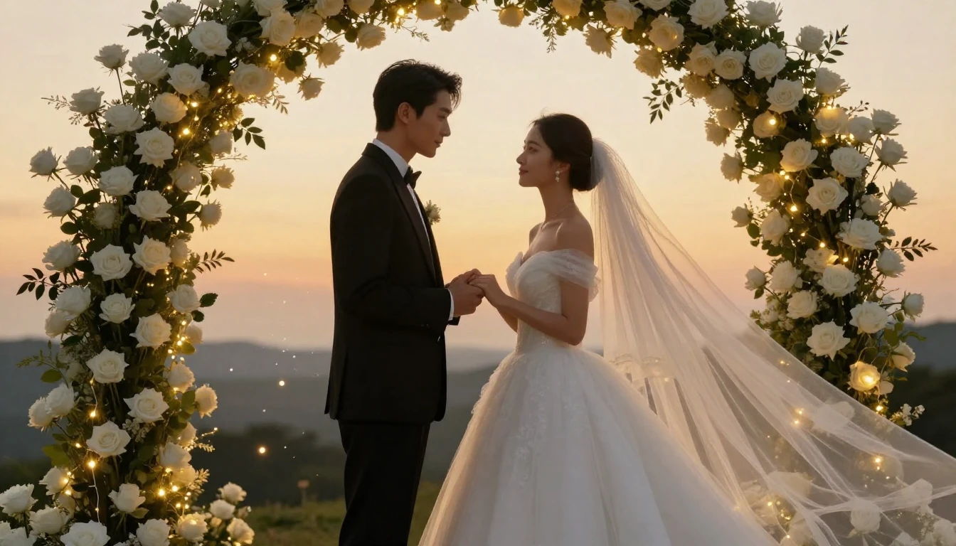 A romantic and elegant scene of a bride and groom standing t...