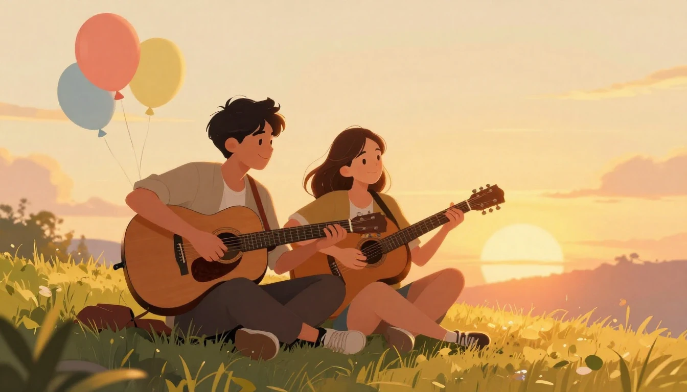 A warm and festive illustration of two friends sitting on a ...