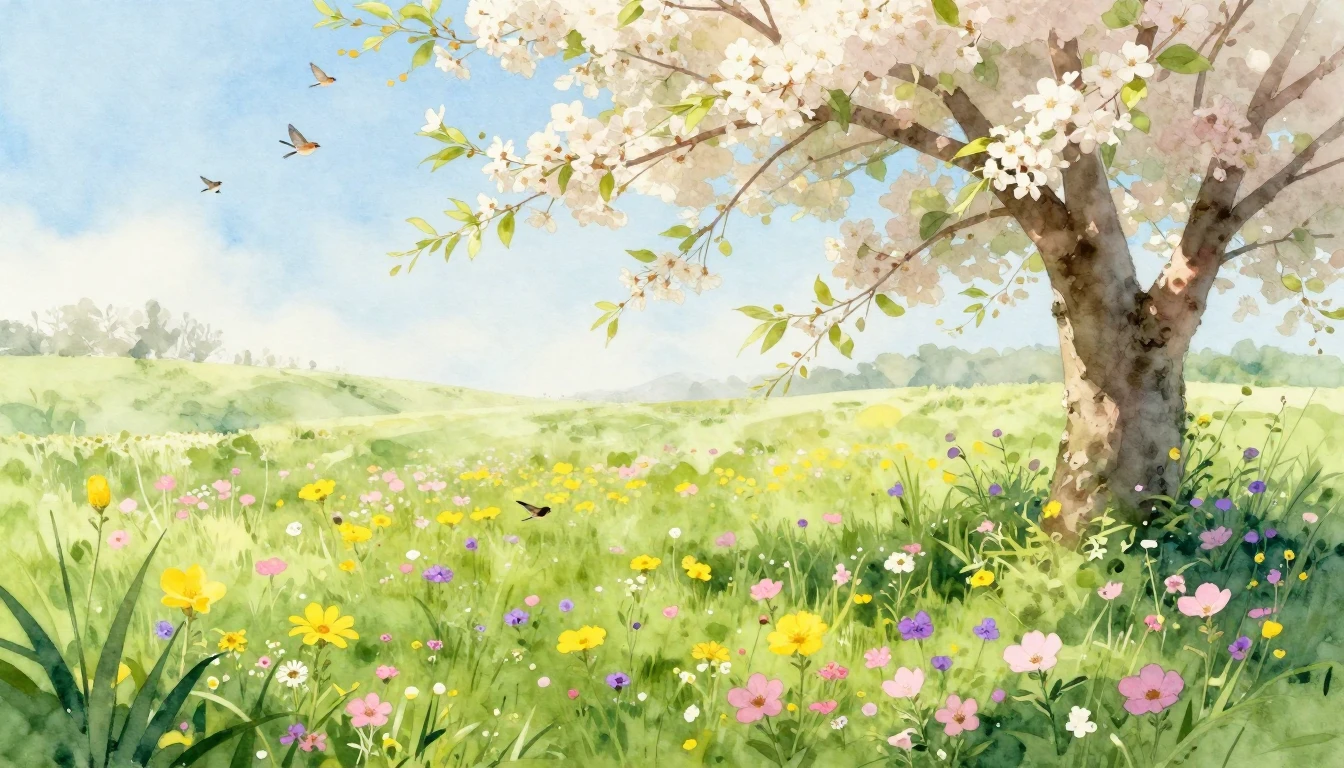 A vibrant watercolor painting of a lush green meadow filled ...