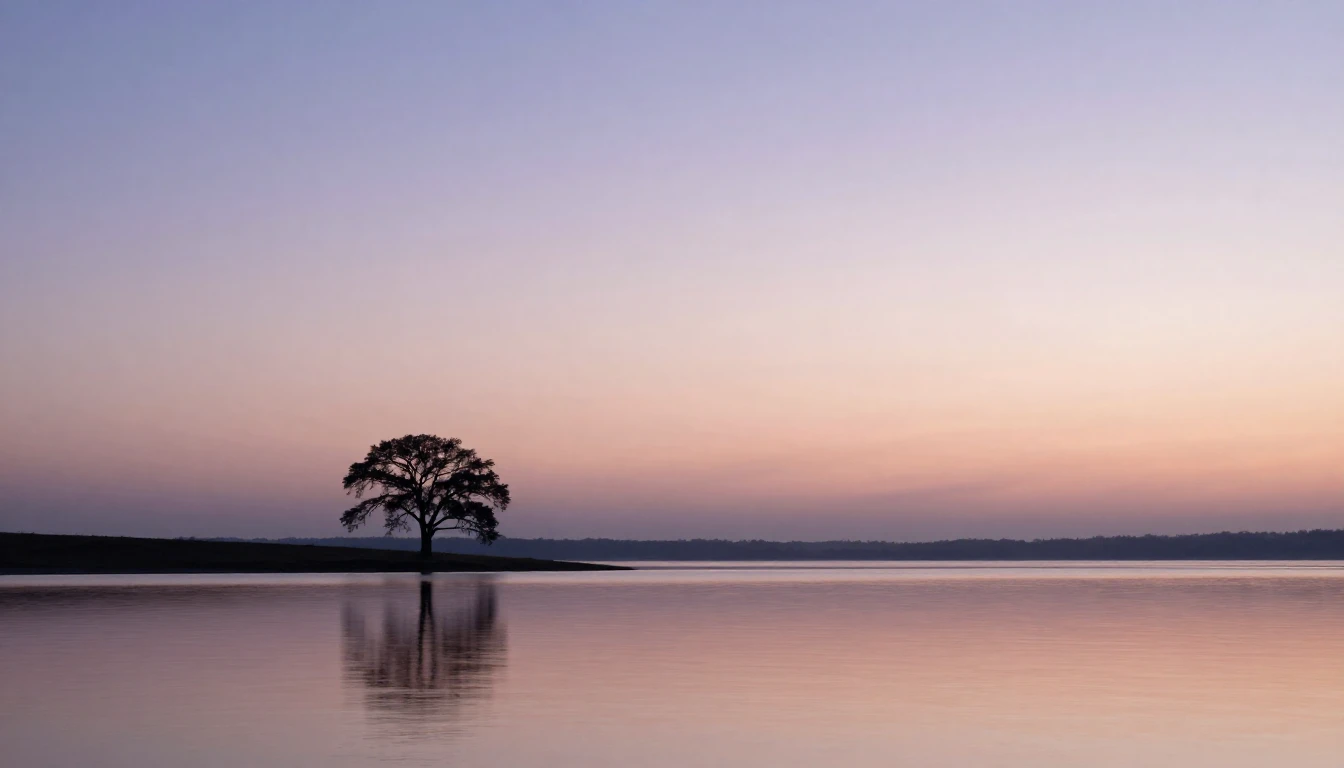 A serene and minimalist landscape at dusk. The scene feature...