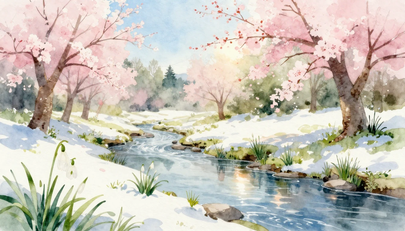 A delicate watercolor illustration of a serene landscape tra...