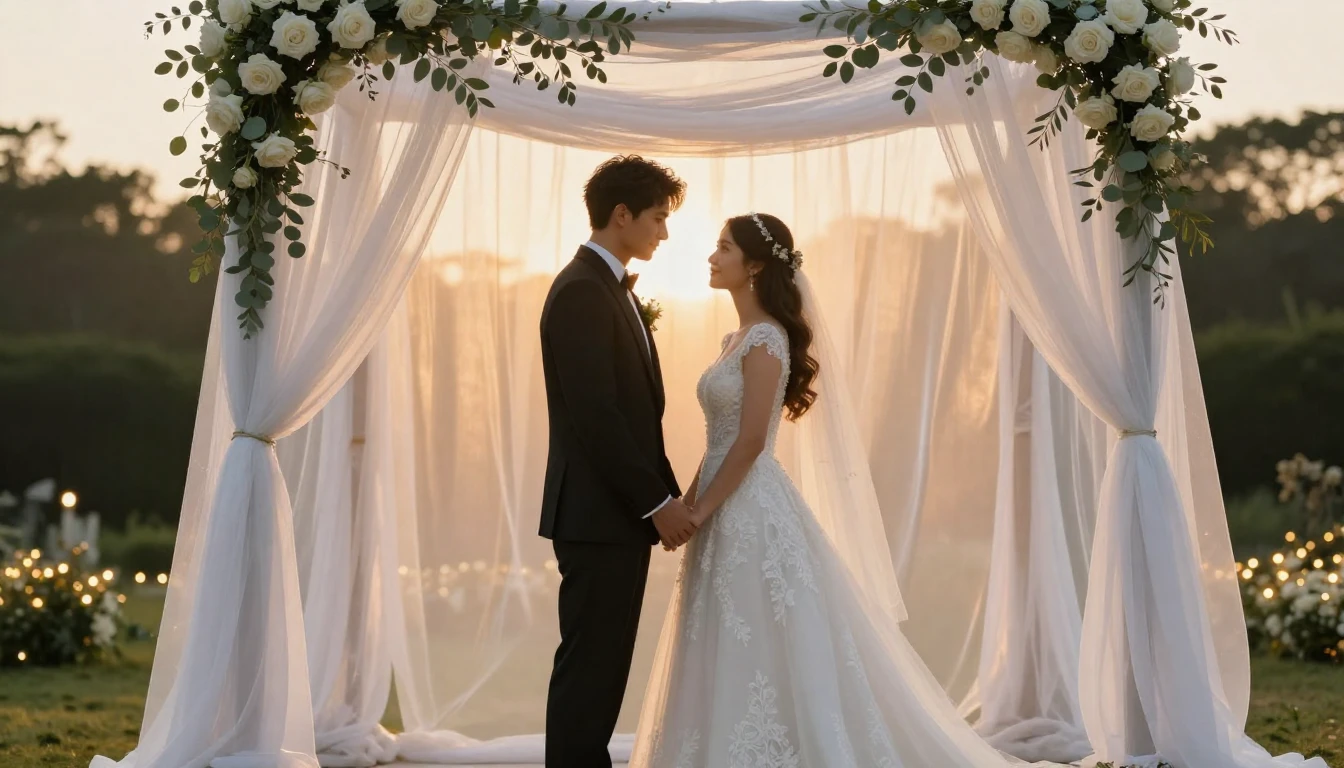A cinematic, romantic wide shot of a bride and groom standin...
