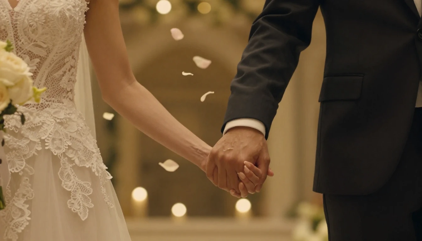 A cinematic and romantic close-up shot of a bride and groom ...
