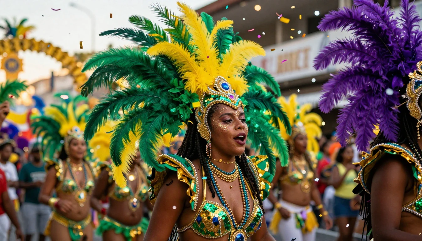 A vibrant and explosive scene of a Carnival celebration. The...