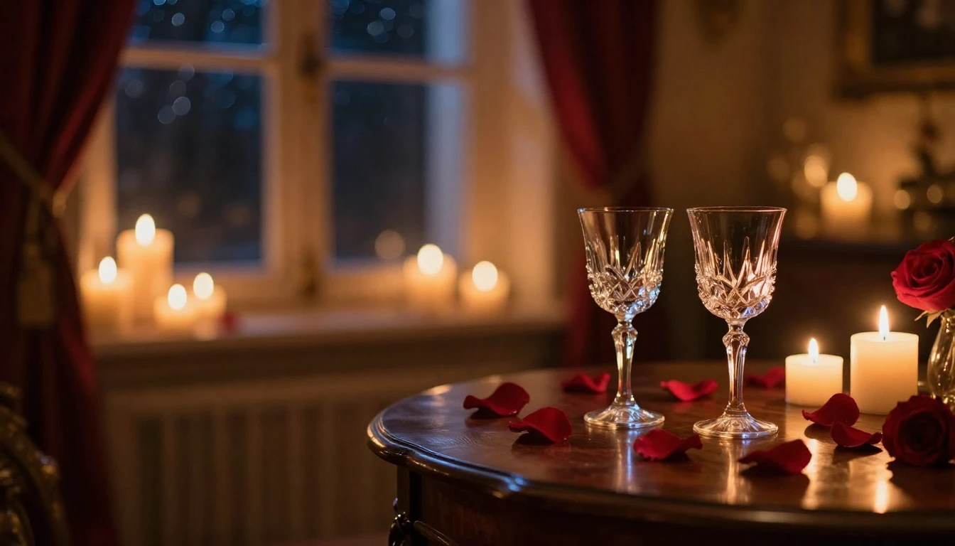 A cozy, dimly lit room filled with the warm glow of numerous...