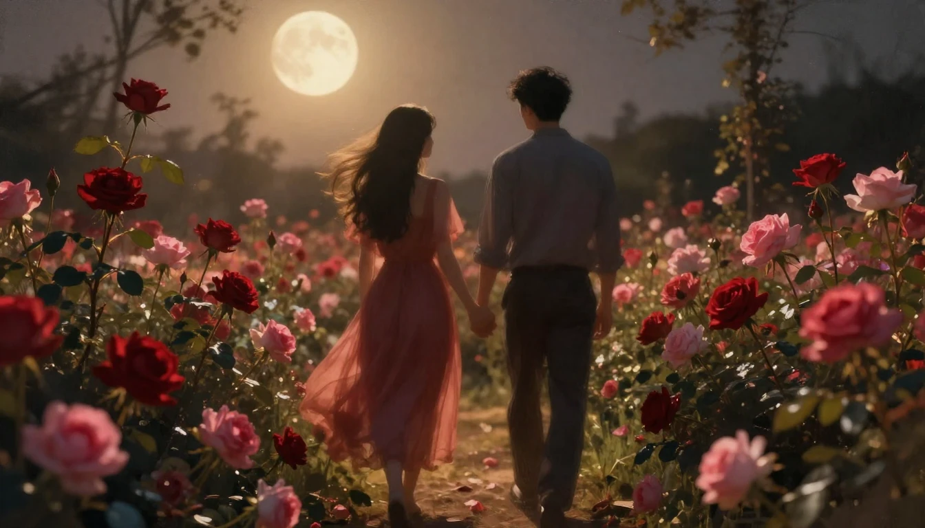 A dreamy and romantic scene featuring two silhouettes walkin...