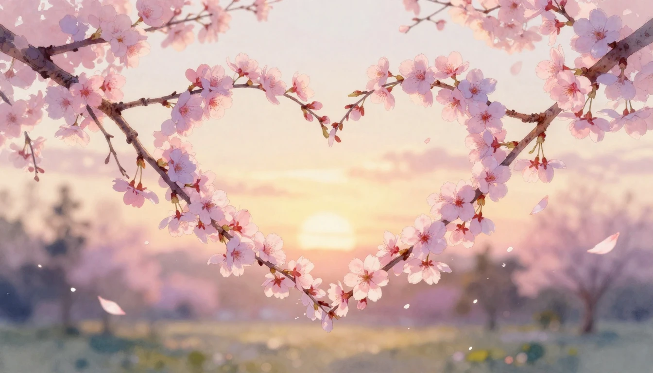 A beautiful watercolor painting of two intertwined cherry bl...