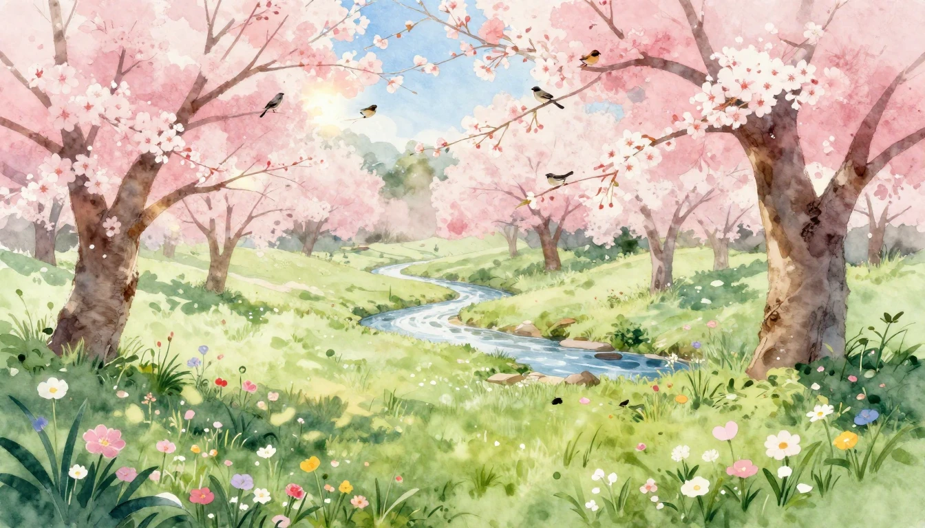 A delicate watercolor painting of a lush meadow filled with ...