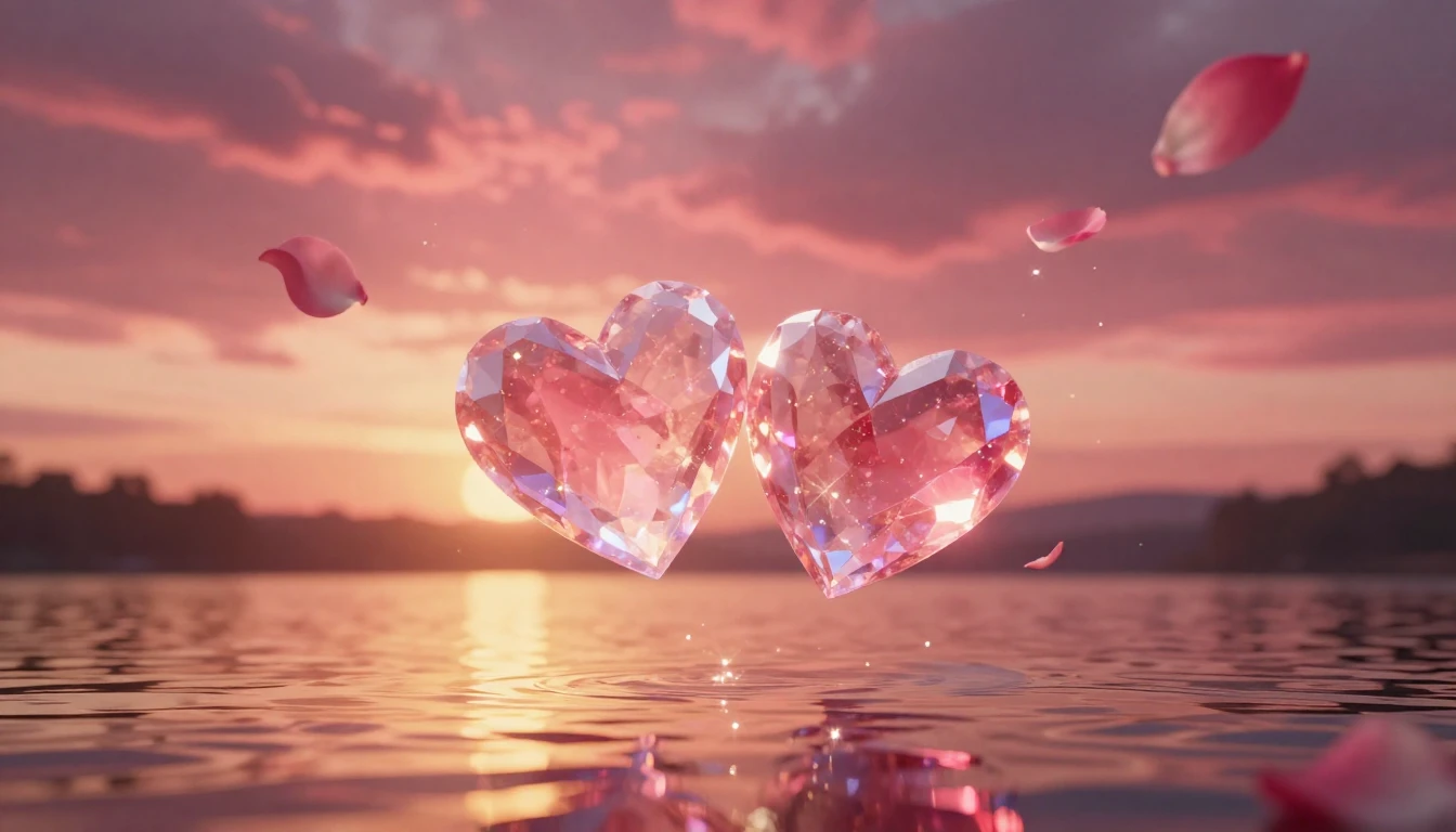 A breathtaking scene of two glowing crystalline hearts float...
