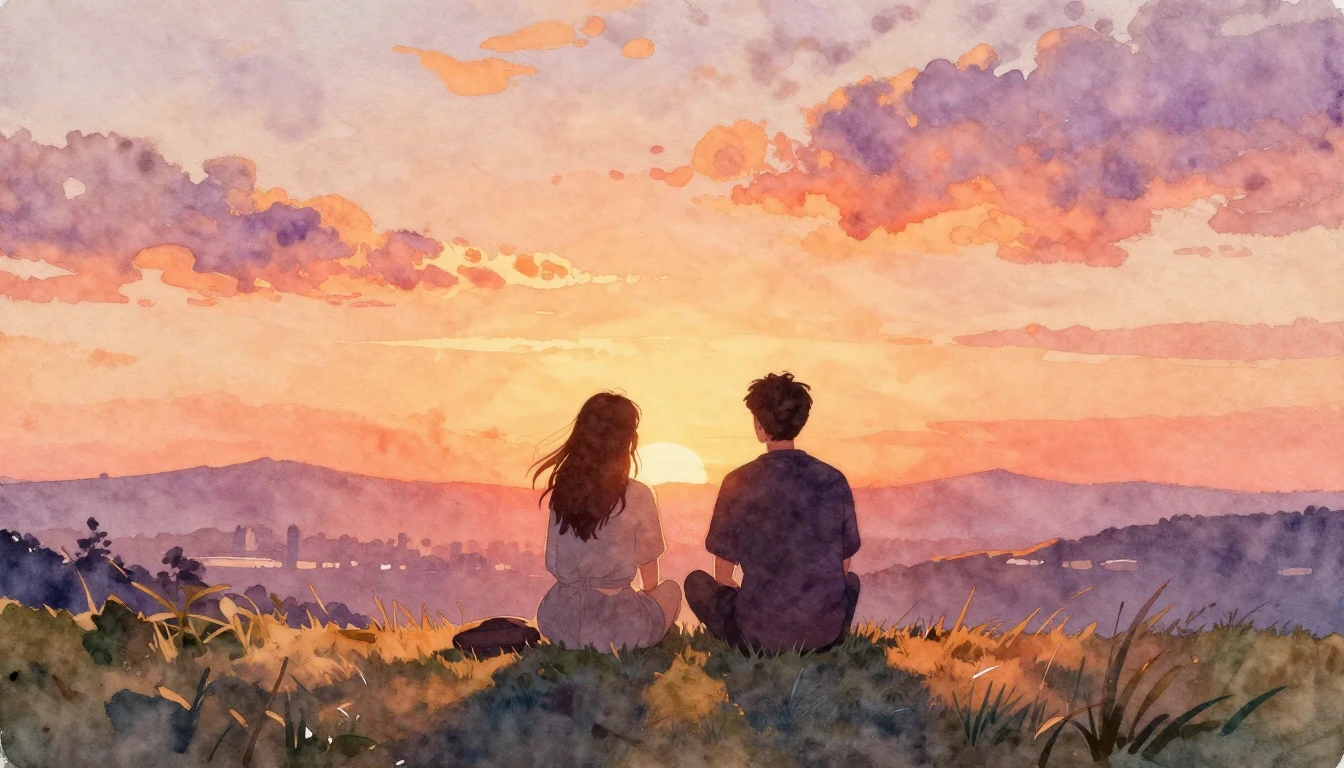 A warm and nostalgic watercolor painting depicting two frien...