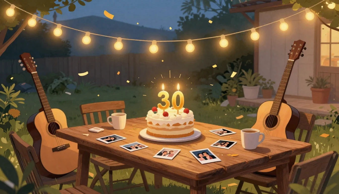 A warm and nostalgic illustration of a 30th birthday celebra...
