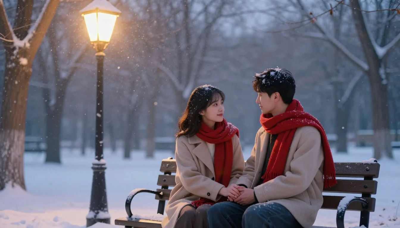 A romantic artistic scene of a couple sitting on a bench in ...