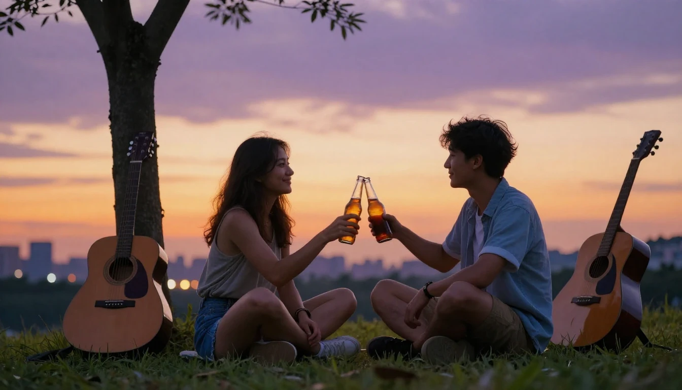 A warm and inviting scene of two friends sitting on a grassy...