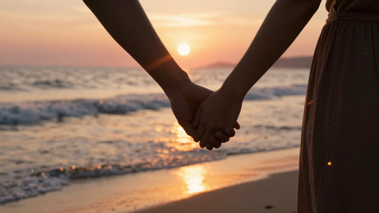 A warm and romantic scene of two silhouettes holding hands d...