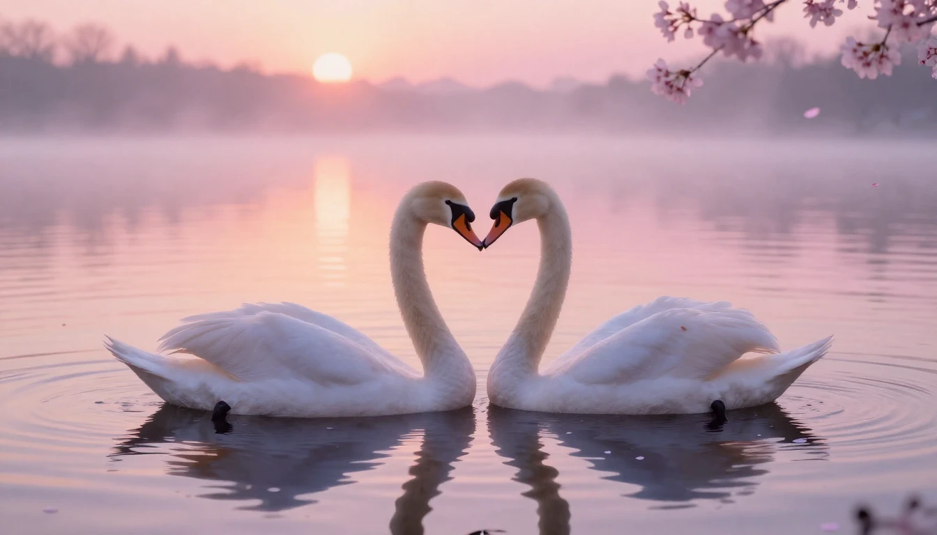 A soft and ethereal scene depicting two delicate swans formi...
