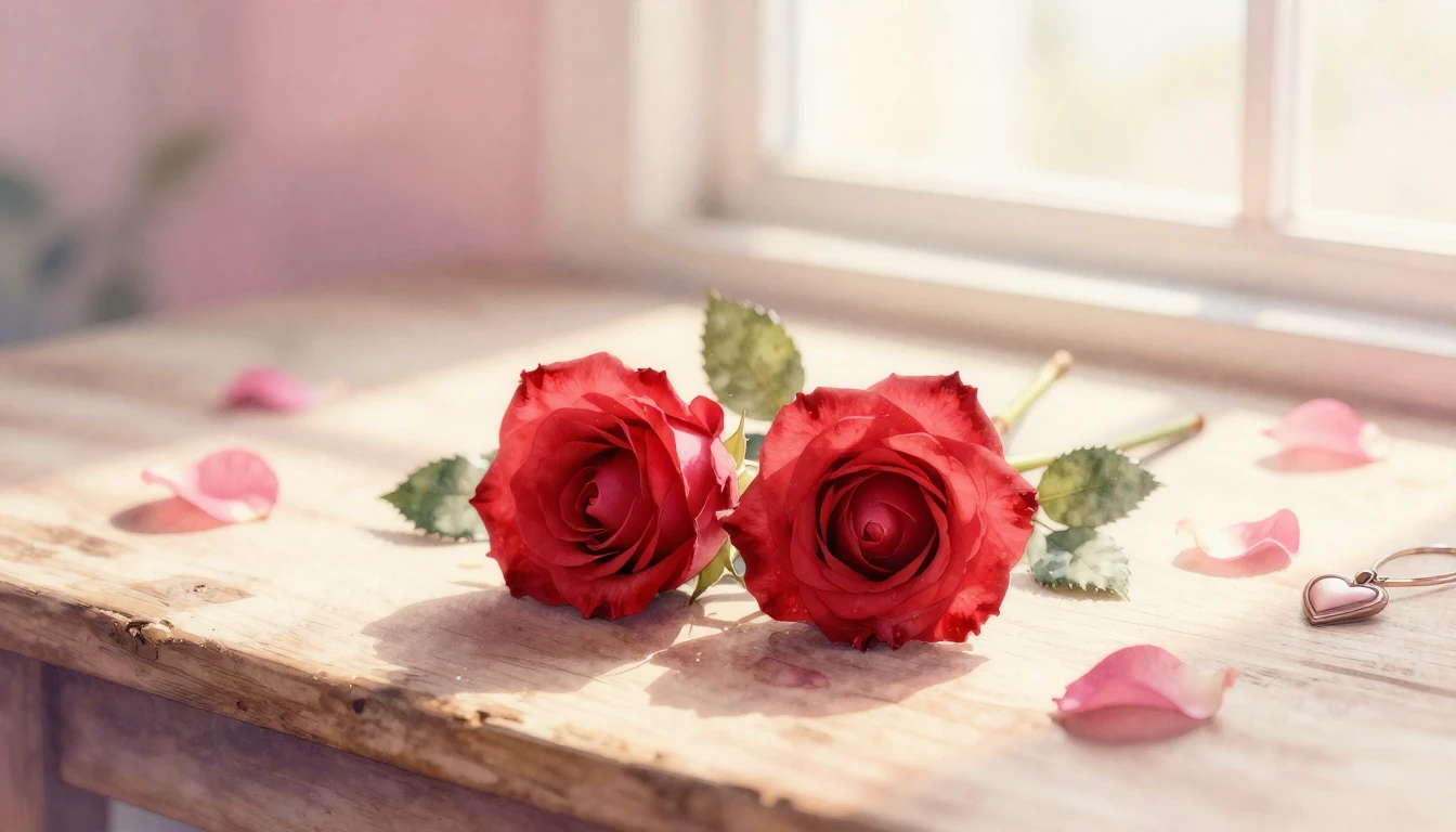 A beautiful watercolor painting of two delicate red roses in...