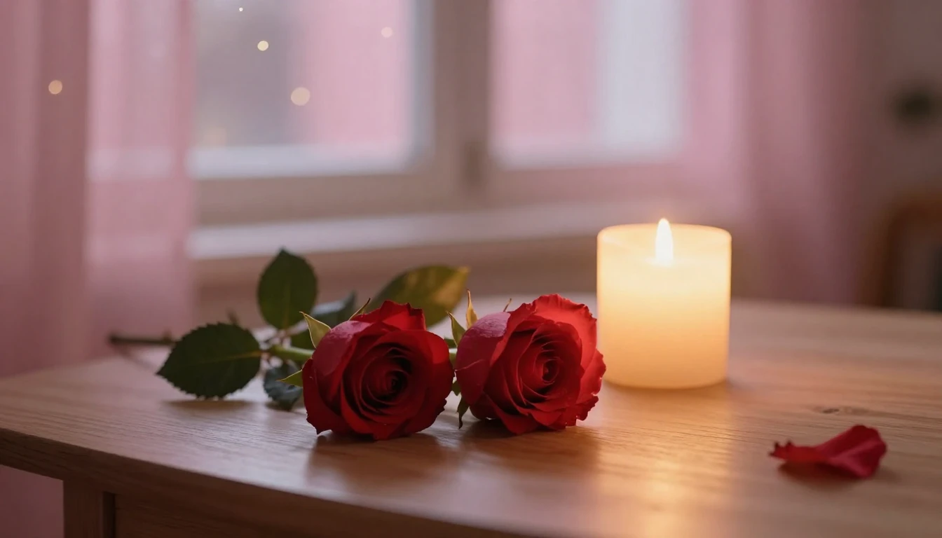 A soft and ethereal scene featuring two delicate red roses r...