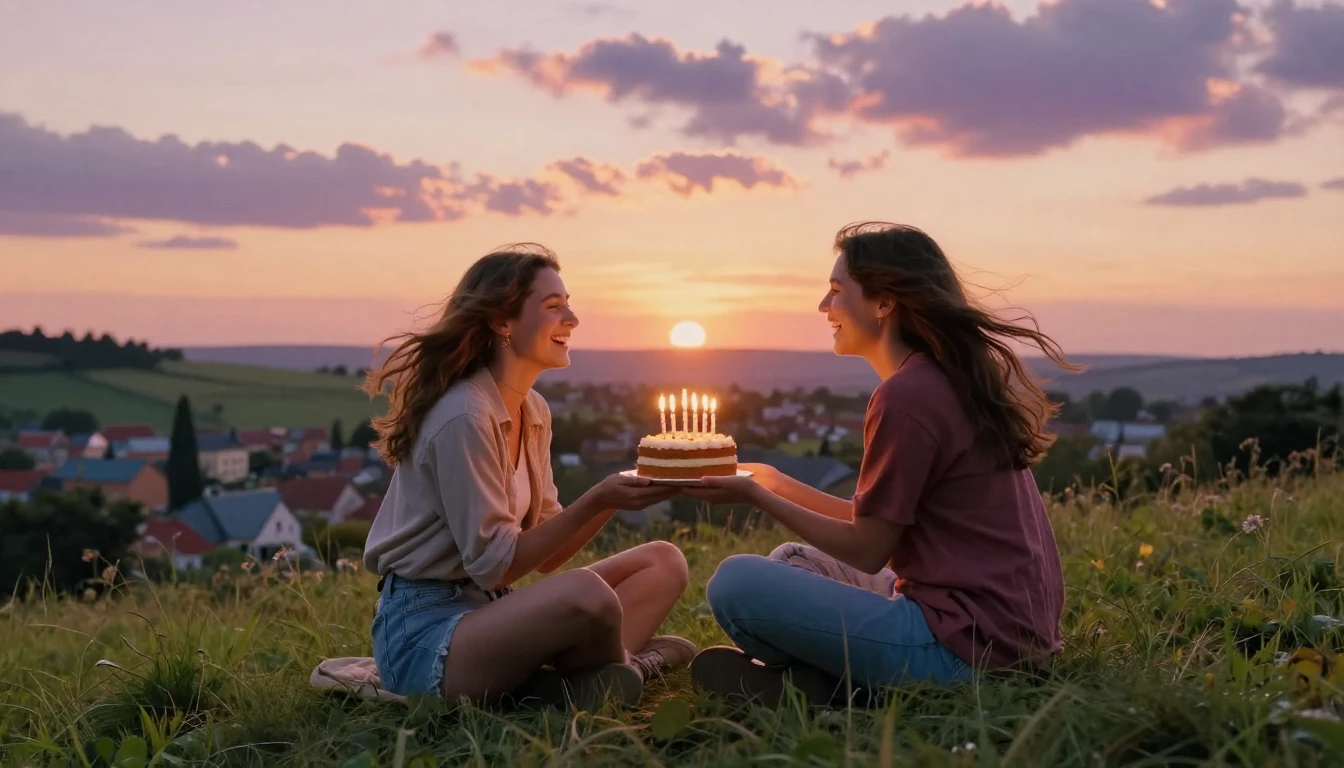 A heartwarming scene of two best friends sitting on a grassy...