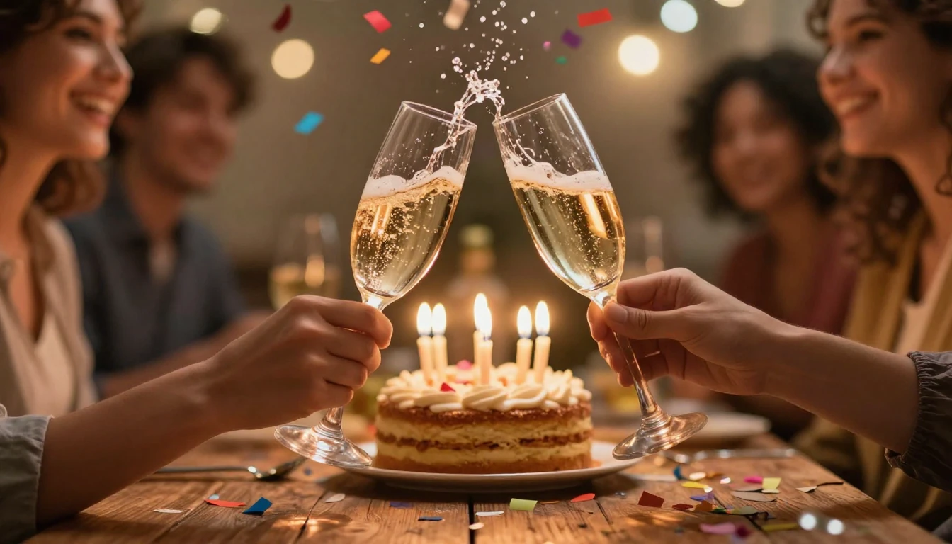 A vibrant and joyful scene celebrating a birthday. In the fo...