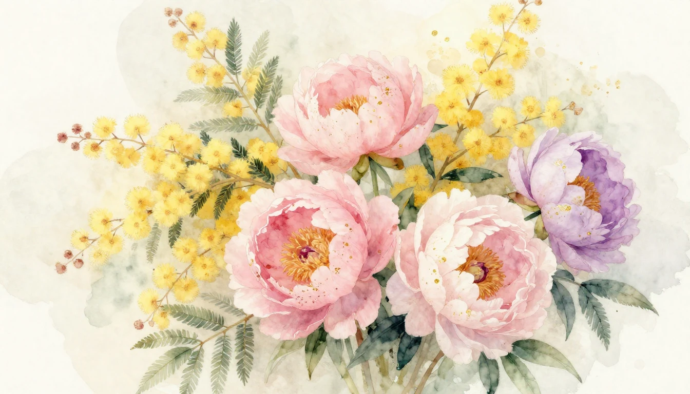 An elegant watercolor painting featuring a delicate composit...