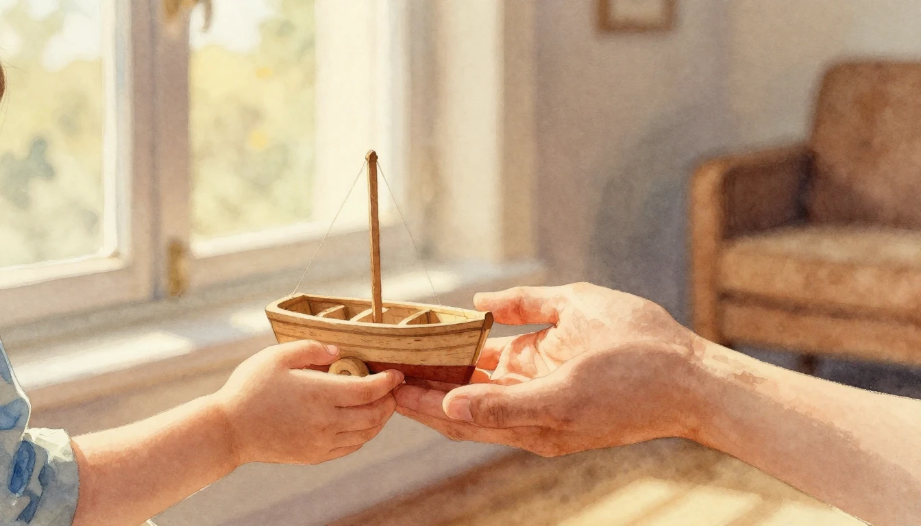 A soft watercolor painting depicting an adult hand and a chi...