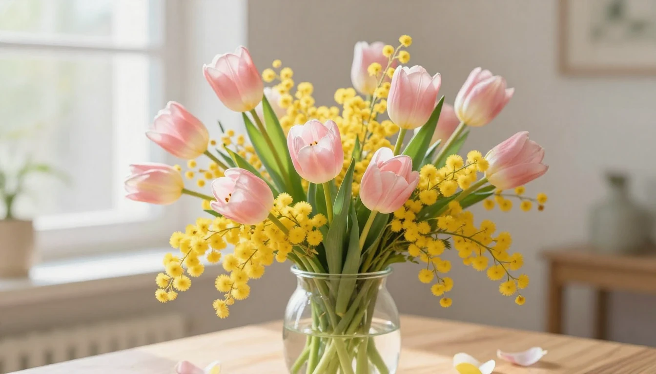 A beautiful and vibrant bouquet of spring flowers, including...