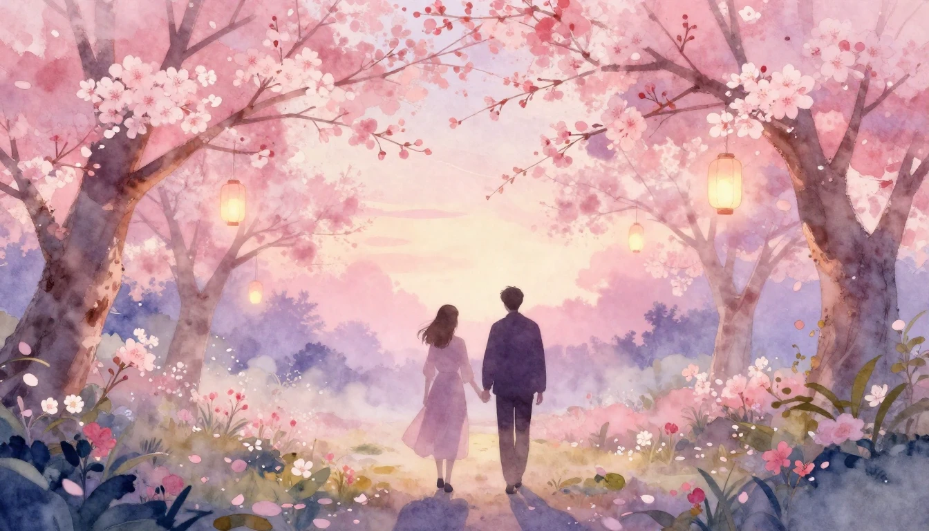 A dreamy and ethereal watercolor painting of two silhouettes...