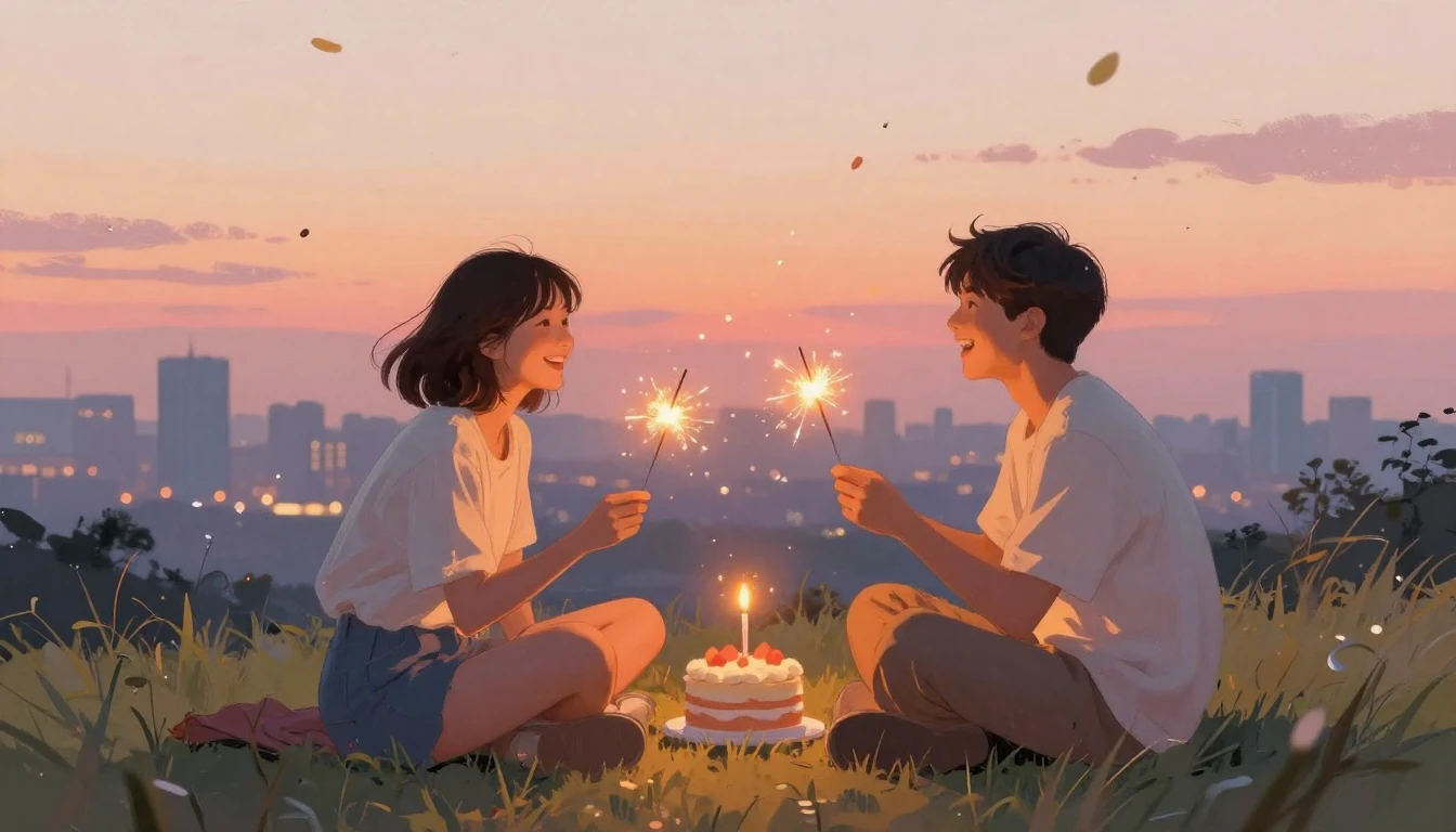 Two best friends sitting side by side on a grassy hill overl...