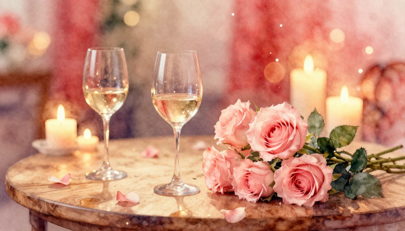 A dreamy watercolor painting of a cozy, romantic setting. Tw...