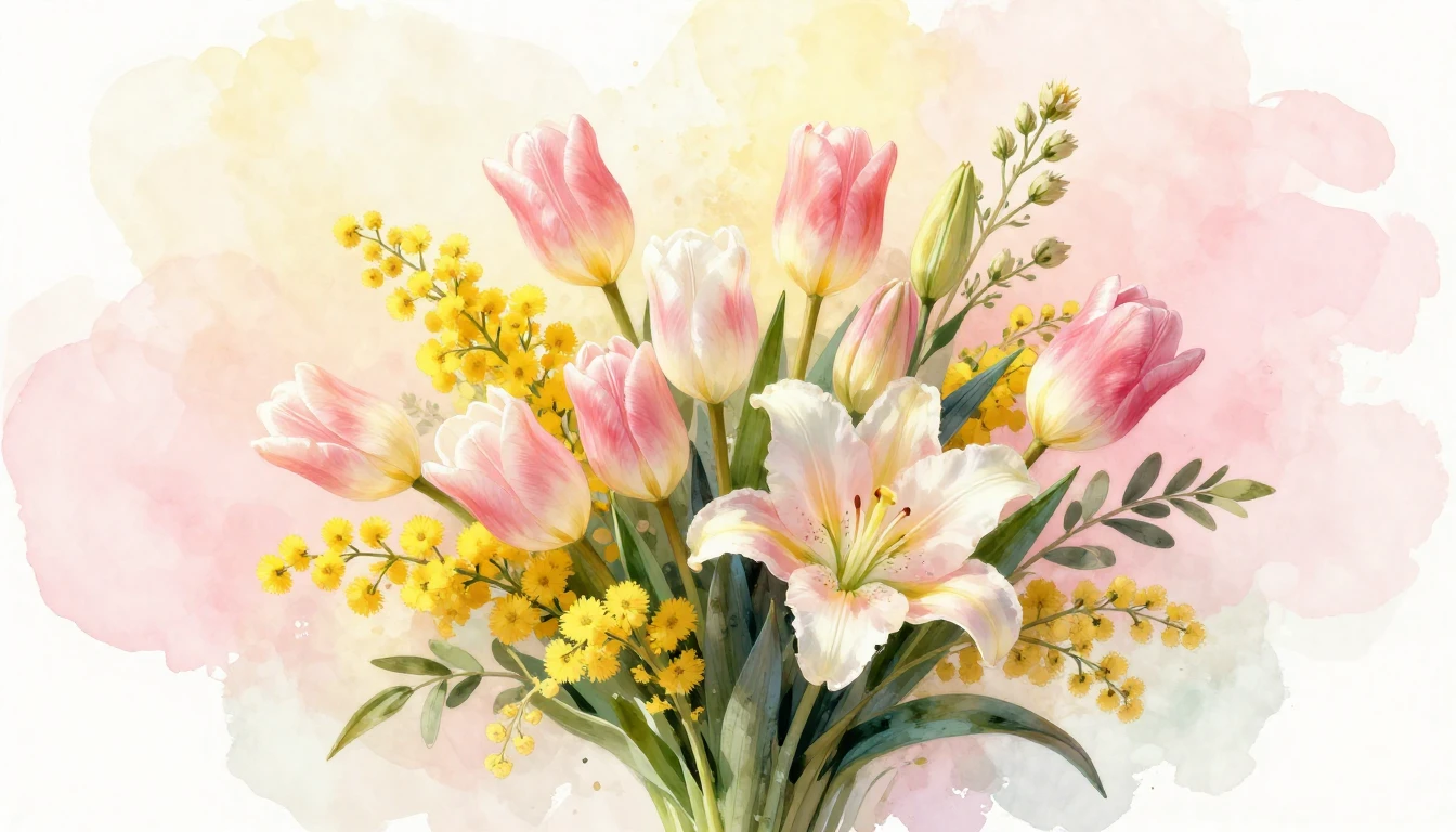 A beautiful bouquet of spring flowers including tulips, mimo...