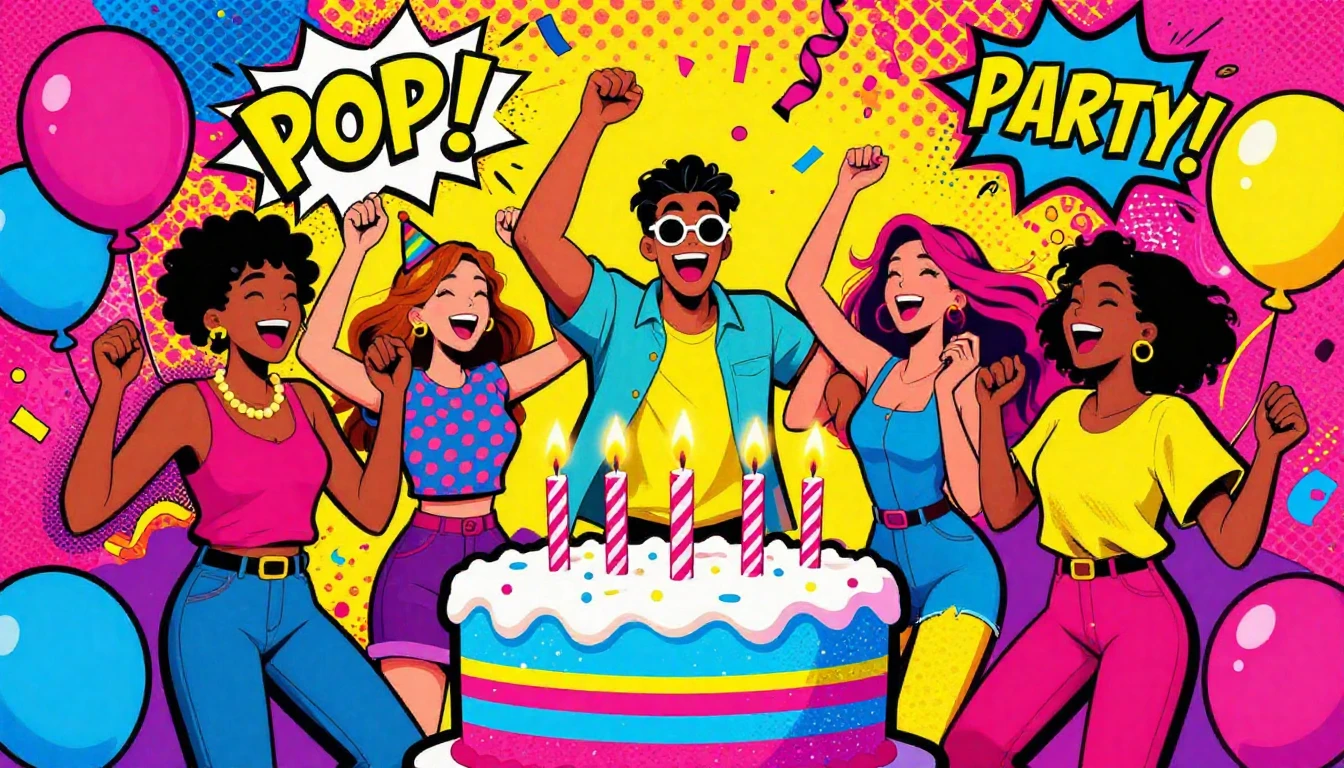 A vibrant and energetic birthday celebration scene in a bold...
