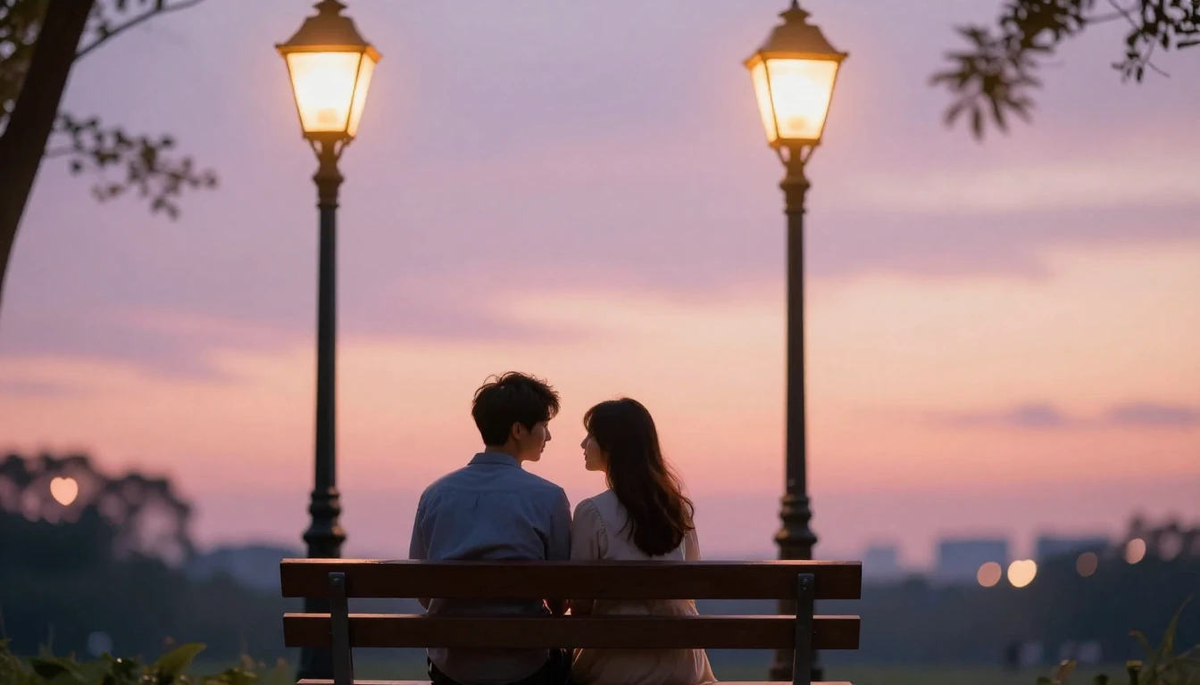 A romantic scene showing a couple sitting on a wooden bench ...