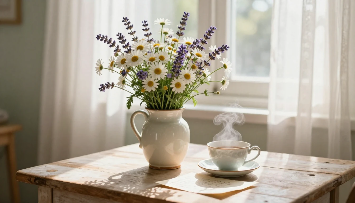 A soft and nostalgic scene featuring a vintage ceramic vase ...