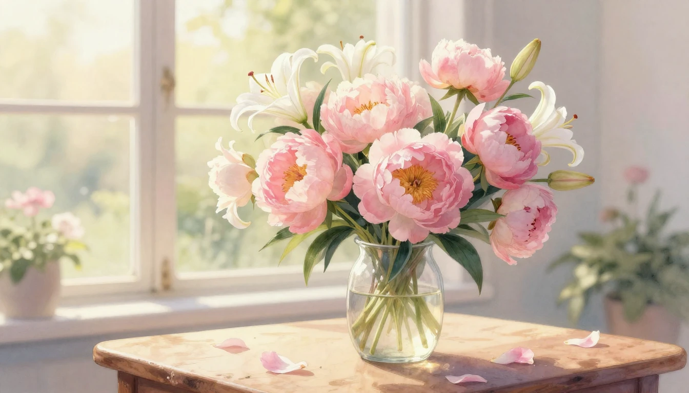 A delicate watercolor painting of a lush bouquet of pink peo...