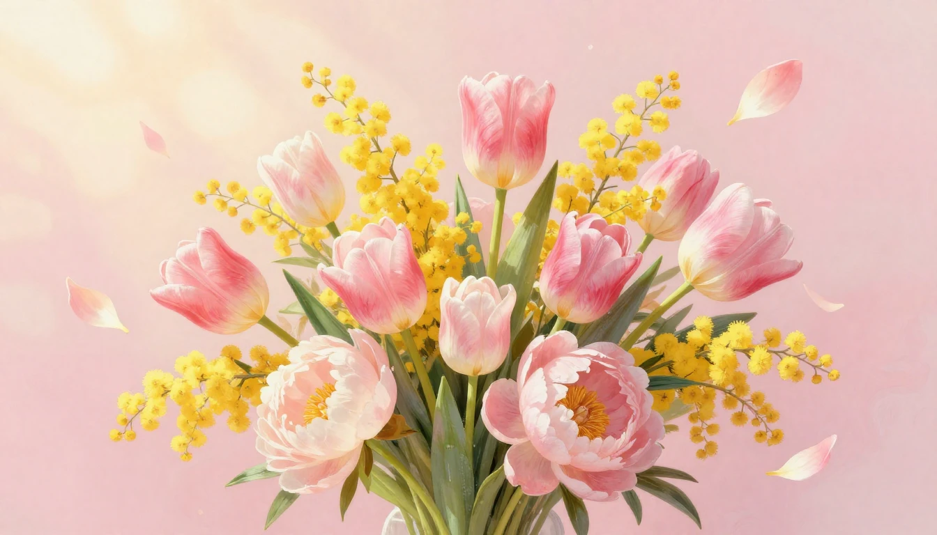 A vibrant bouquet of spring flowers including tulips, mimosa...