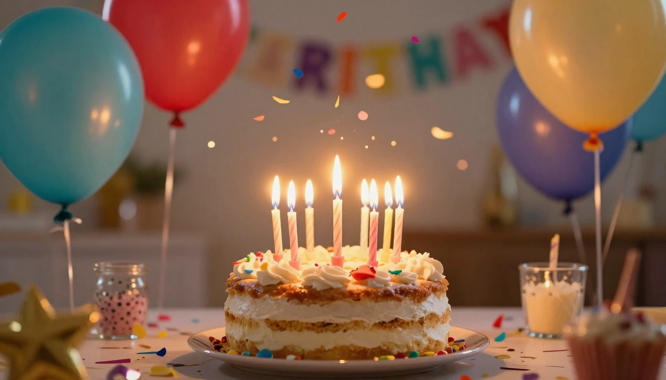 A vibrant and festive birthday party atmosphere, a beautiful...