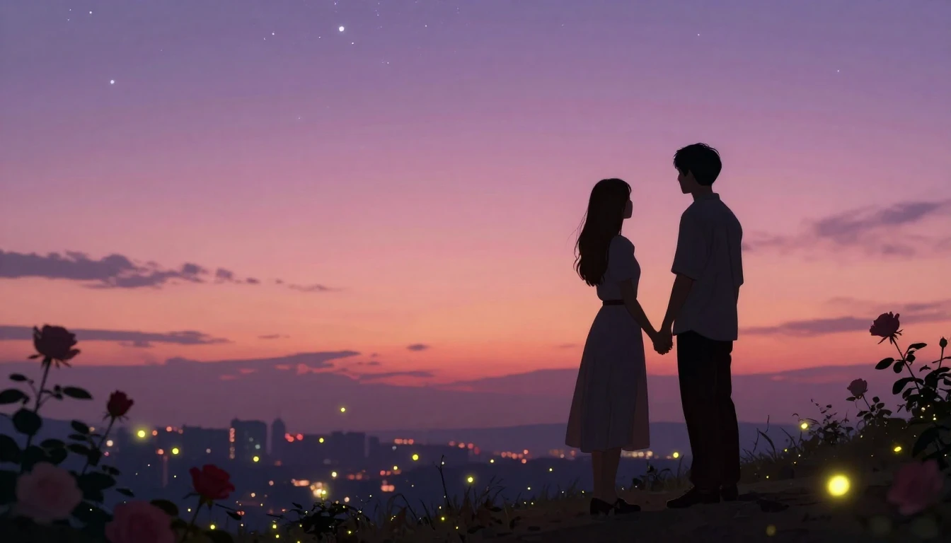 A romantic and atmospheric illustration of a couple's silhou...