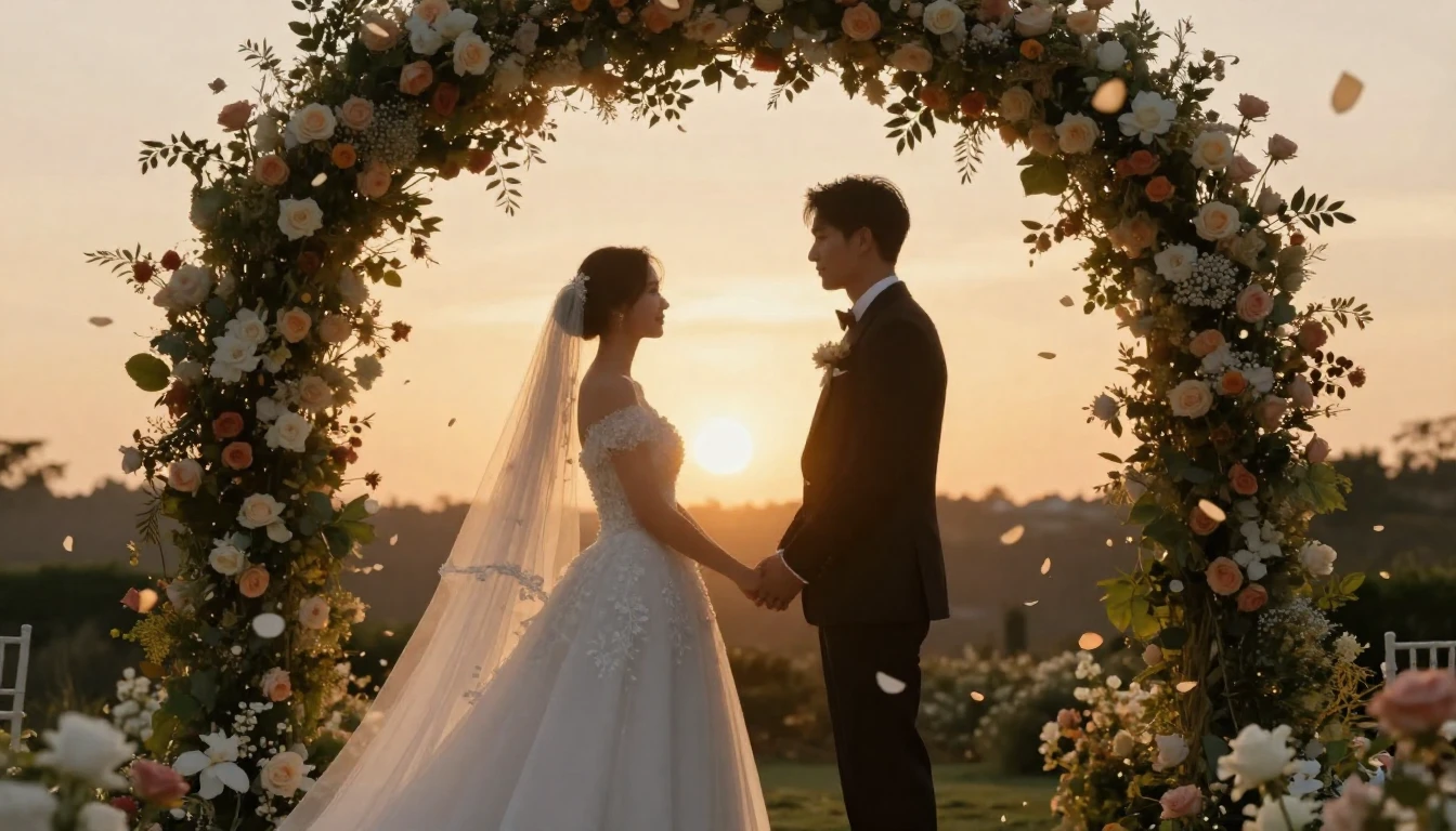 A romantic wedding scene showing two silhouette figures, a b...