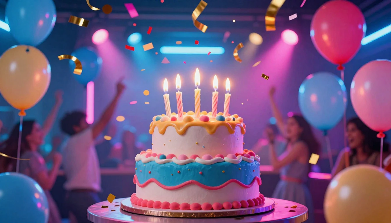 A vibrant and energetic birthday party scene, focusing on a ...