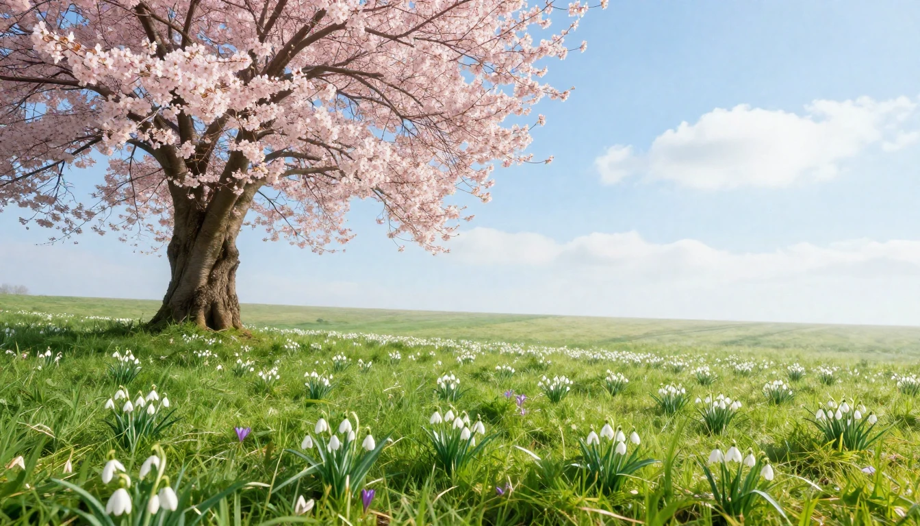 A serene landscape featuring a lush green meadow with the fi...