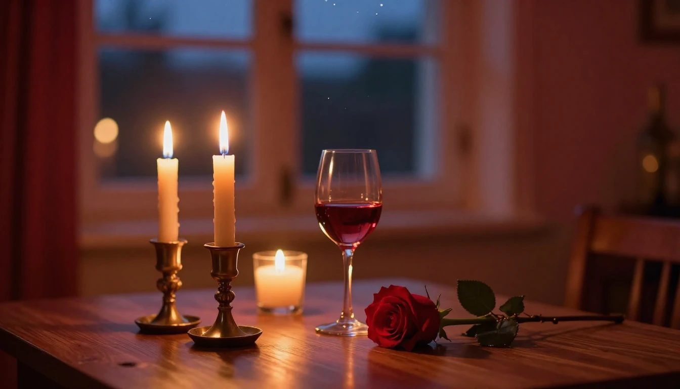 A cozy and intimate indoor setting during twilight. A wooden...