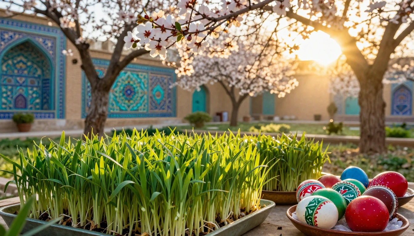 A vibrant and lush scene of a Haft-Sin display set in a bloo...