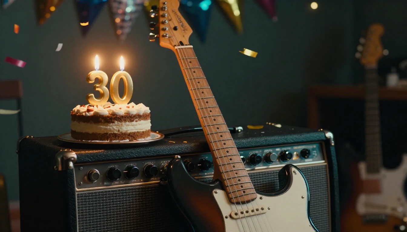 A close-up cinematic shot of a vintage electric guitar resti...