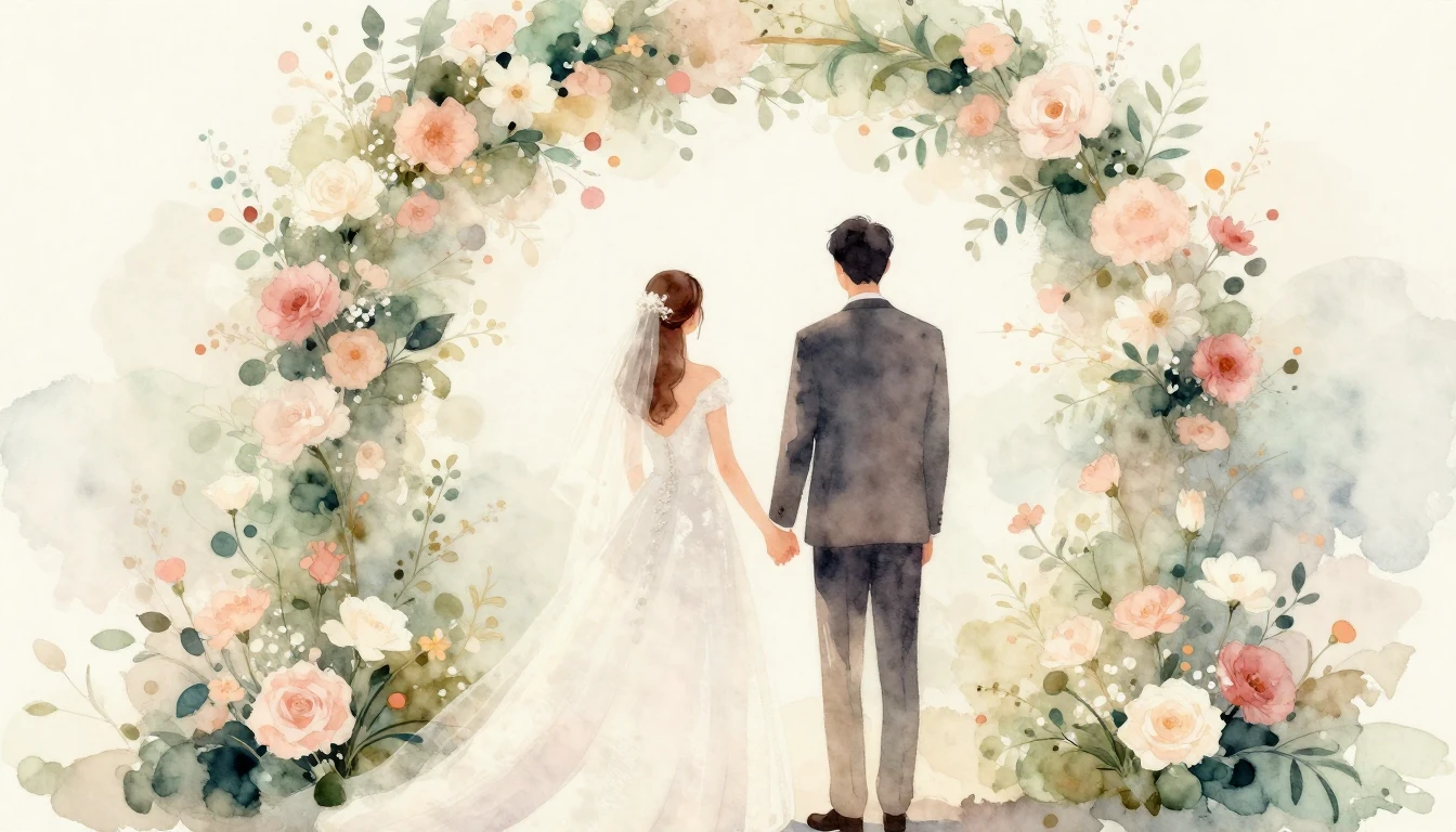 A soft and romantic watercolor painting depicting a wedding ...