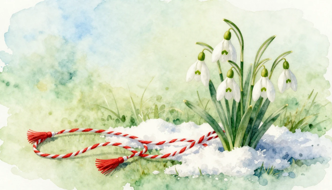 A delicate watercolor painting of a traditional Mărțișor sym...