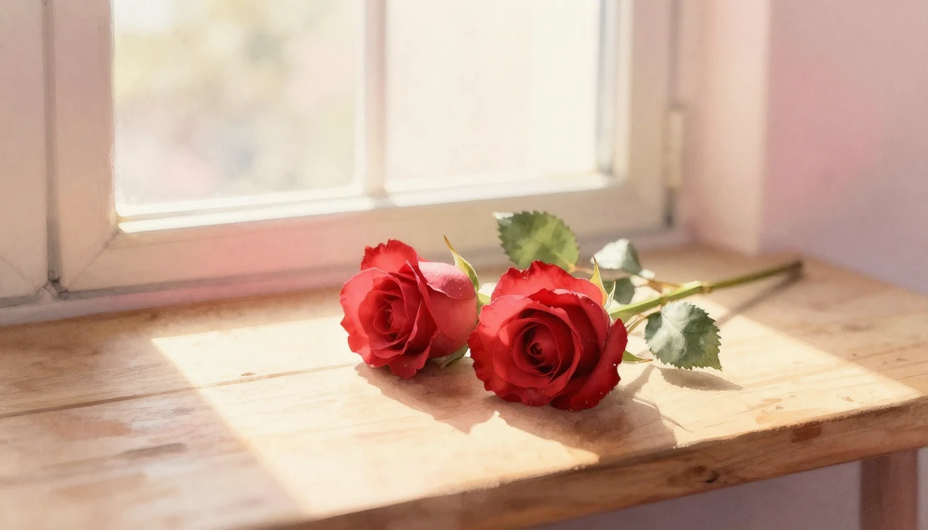 A soft watercolor painting of two delicate red roses resting...