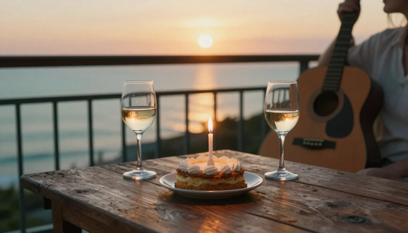 A nostalgic and warm birthday celebration scene on a balcony...