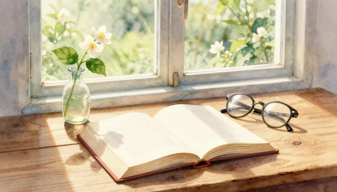 A beautiful watercolor illustration of an open book on a woo...